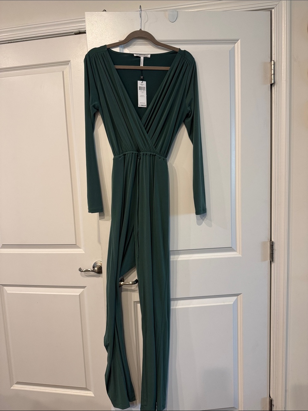 BCBGeneration Long Sleeve Deep V Jumpsuit in Forest Green